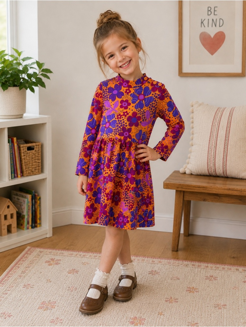 Hanna Andersson Orange Dress with Retro Purple Floral Print